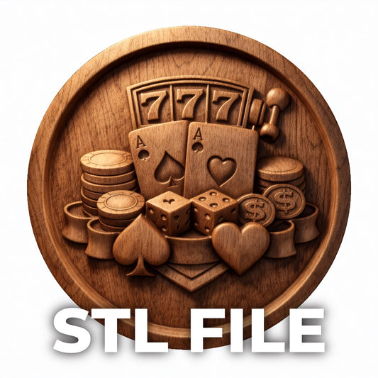 Casino slots coin relief carved into circular wood panel featuring playing cards, dice, chips, and slot machine symbols, centered composition with strong depth and clean edges, natural wood grain visible with warm lighting highlighting detail, STL file preview for CNC carving and gambling themed wall art
