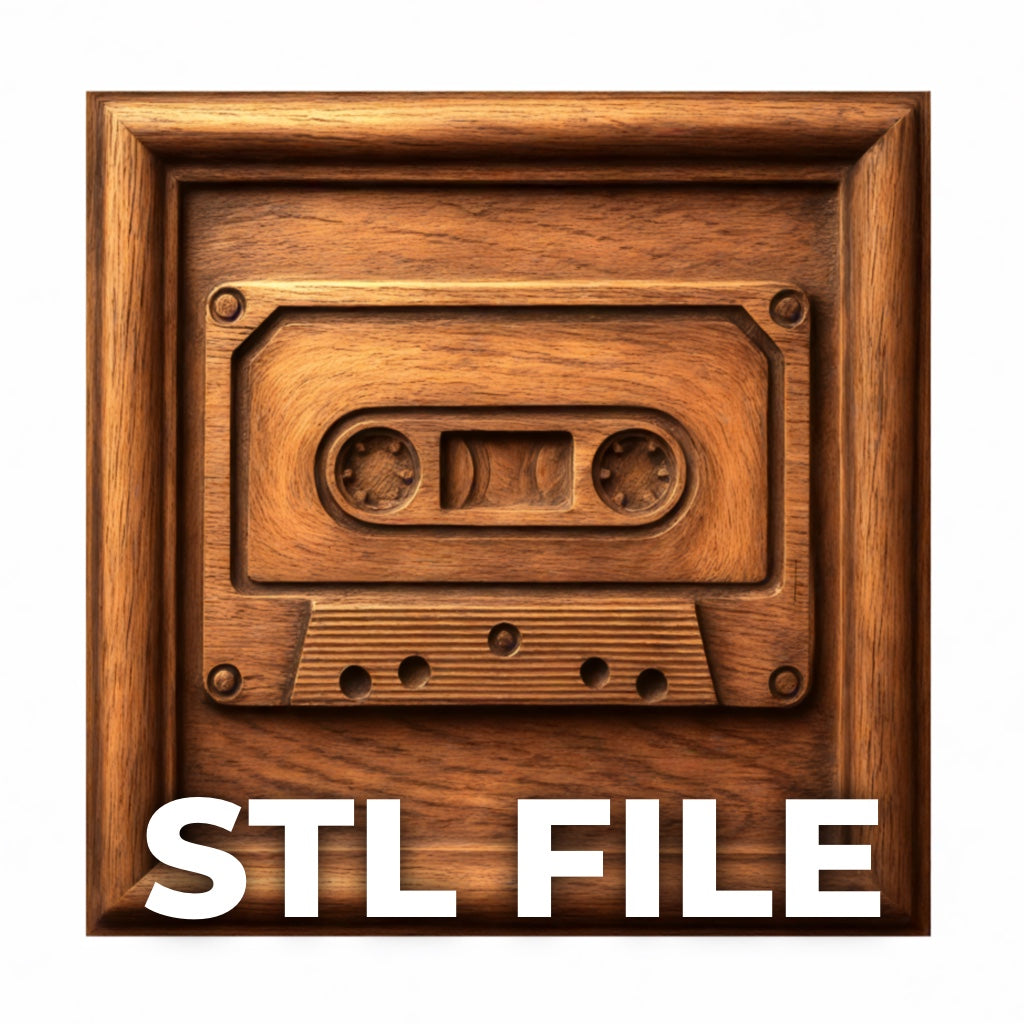 The Cassette Tape CNC Relief STL File by Form Arcade is a retro wall art design shaped like a cassette tape, perfect for CNC relief projects or 3D printing. Features bold "STL FILE" text and comes ready to frame for unique decor.