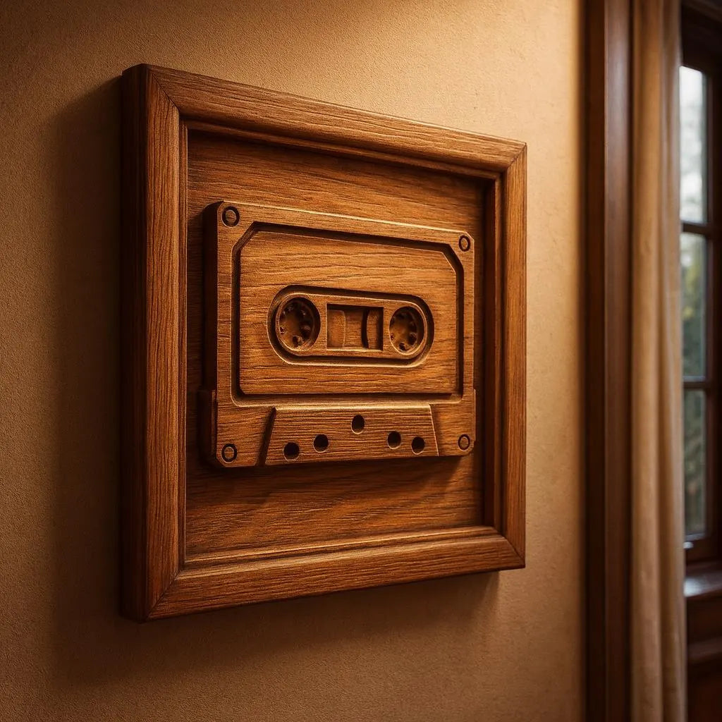 The "Cassette Tape CNC Relief STL File" by Form Arcade is retro wall art, designed for CNC carving, blending vintage cassette tape style with classic craftsmanship—perfect for display on a beige wall near a window.