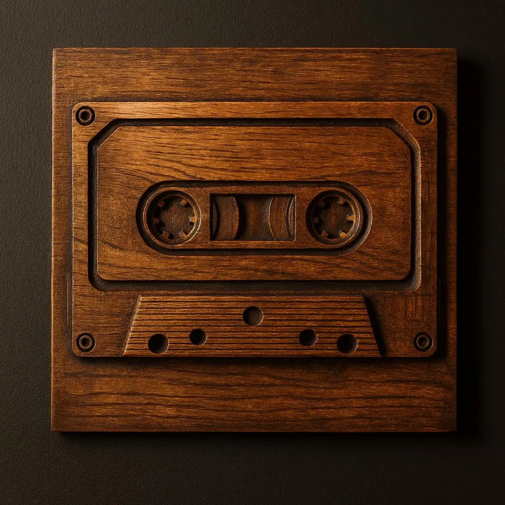 The Cassette Tape CNC Relief STL File by Form Arcade is a retro wall art design for intricate woodworking projects, featuring a classic cassette tape relief carving to mount on a dark background.