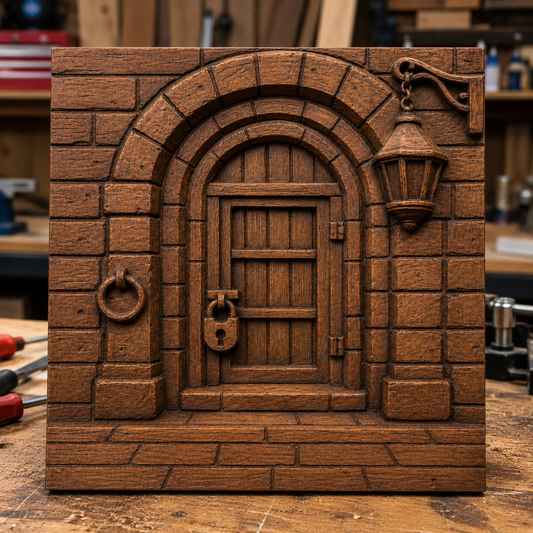 The "Fantasy Castle Gate Relief STL File" by Form Arcade features an arched door with padlock, knocker, and lantern in a brick wall—perfect CNC wall art for woodworking projects.