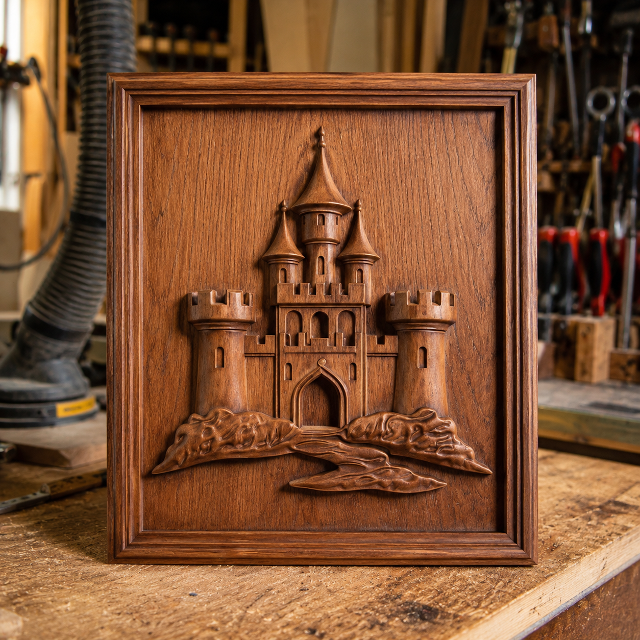 The Fantasy Fortress Castle Relief STL File by Form Arcade features a medieval castle with towers and an arched entrance, designed for CNC wall art and woodworking projects. Displayed upright in a workshop, it showcases detailed craftsmanship.