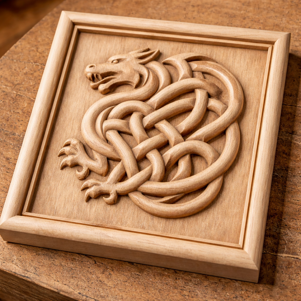 Angled view of a Celtic dragon knot relief carving presented as a light wood panel resting on a textured surface. The dragon’s interwoven body forms a circular knot with raised depth and smooth carved transitions. Natural lighting reveals wood grain, edge thickness, and dimensional detail, showing this STL design as handcrafted CNC wall art for fantasy decor, carving projects, and unique display pieces.