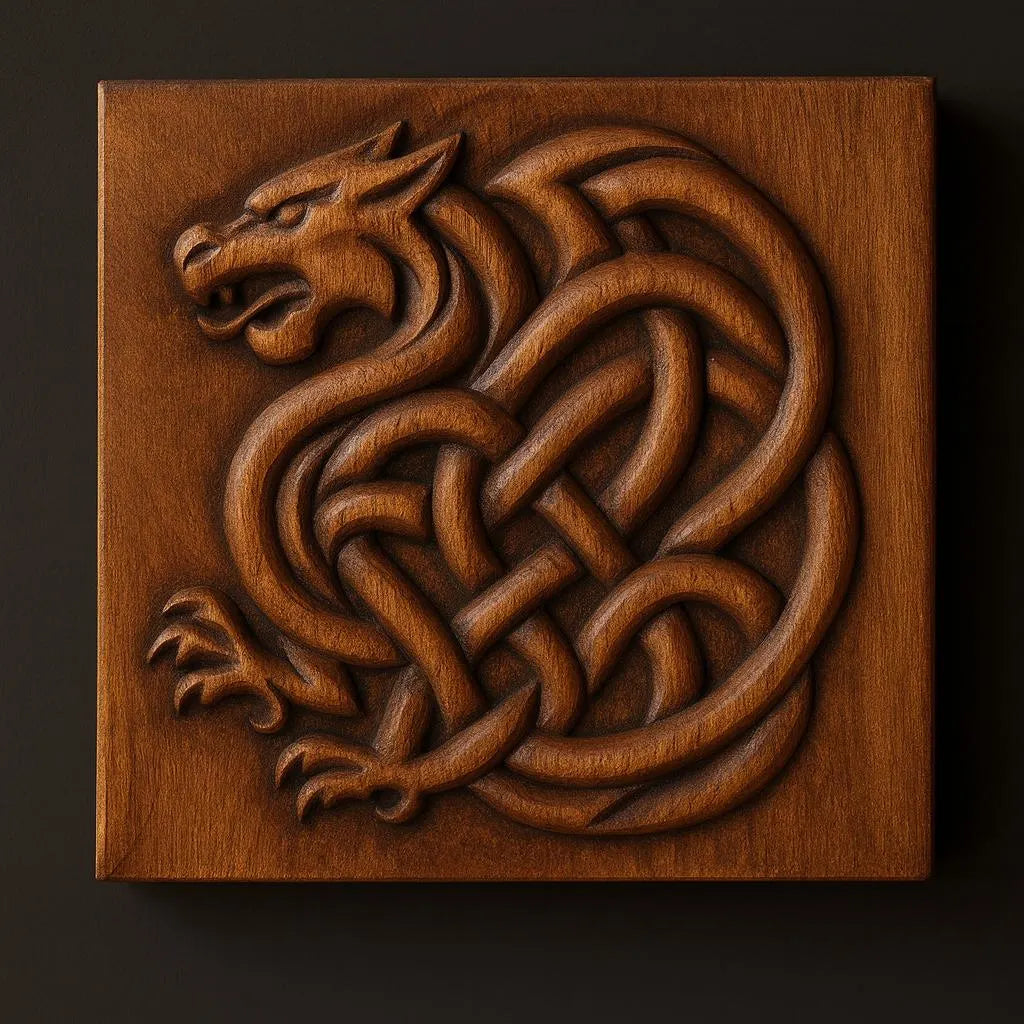 Close view of a Celtic dragon knot relief carved into a square wooden panel with rich grain and dark background. The dragon’s body loops into an intricate knot pattern with smooth bas-relief transitions, raised contours, and defined edges. Lighting highlights the depth and flow of the design, showcasing this fantasy dragon STL file for CNC carving, detailed wall art, and 3D printed decorative projects.