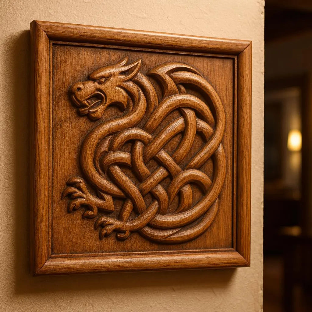 Framed Celtic dragon knot relief wall art displayed as a finished wooden panel with warm tones and clean carved detail. The dragon forms a circular knot with interwoven lines and a stylized head, surrounded by a classic frame that enhances presentation. This image presents the STL design as fantasy-inspired CNC wall art suited for carved decor, medieval themes, and display-ready wood projects.