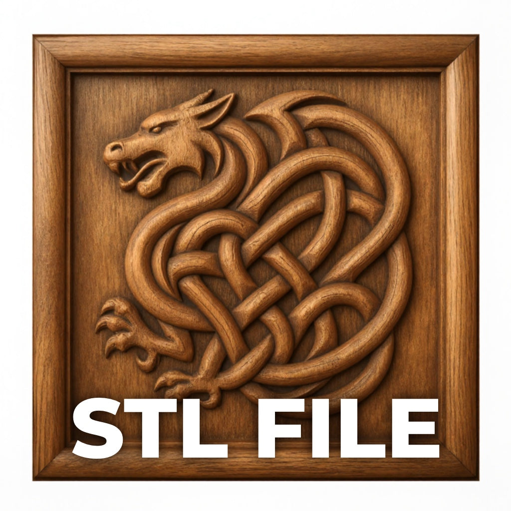 Celtic dragon knot relief STL file thumbnail showing a carved wooden bas-relief panel with a framed border and bold STL FILE text across the bottom. The intertwined dragon design forms a circular knot pattern with flowing lines, raised detail, and sharp edges. Warm wood grain and directional lighting emphasize depth, making this fantasy-inspired CNC wall art design ideal for carving or 3D printing projects.