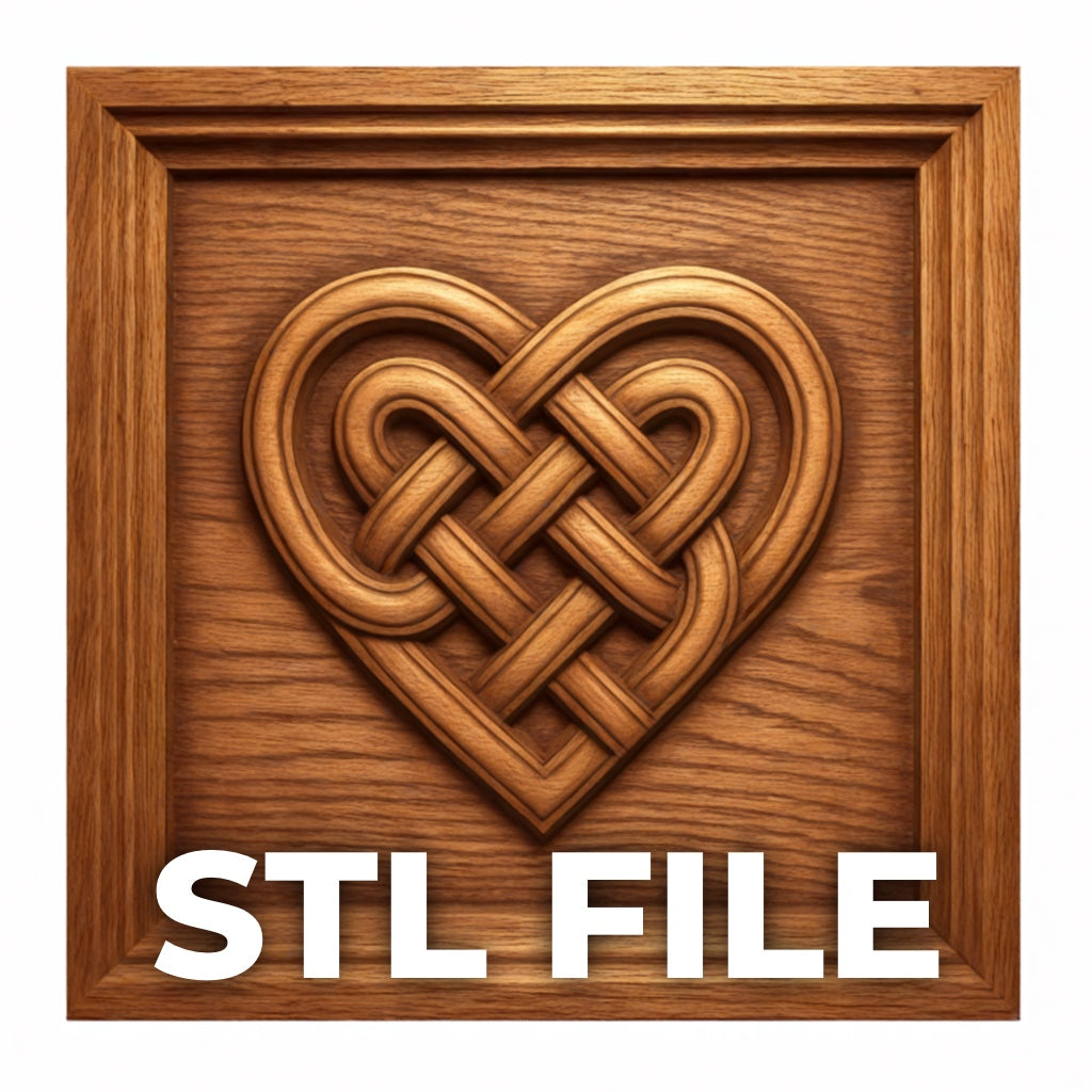 The Celtic Heart Knot Relief STL File by Form Arcade is a decorative CNC wall art design featuring an intricate Celtic heart knot pattern—ideal for woodworking projects. "STL FILE" is boldly displayed at the bottom of the plaque.