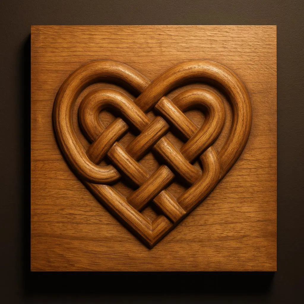 The Celtic Heart Knot Relief STL File by Form Arcade is ideal for CNC wall art, offering a decorative heart knot design perfect for woodworking projects and display on dark walls.