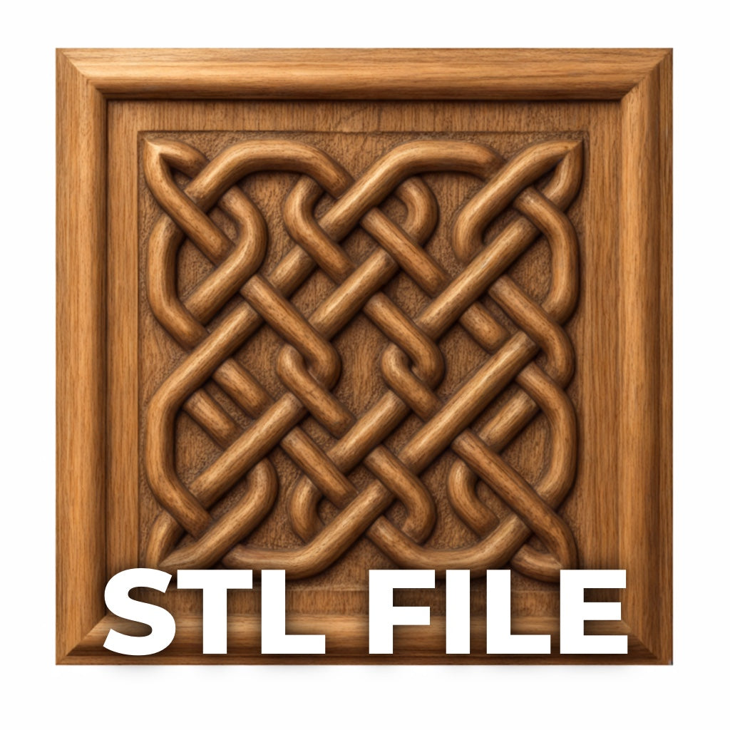 The image shows Form Arcade’s Celtic Knot Square Pattern Relief STL File for CNC wall art. A wooden panel with an intricate Celtic design is framed, and “STL FILE” appears in bold white text at the bottom.