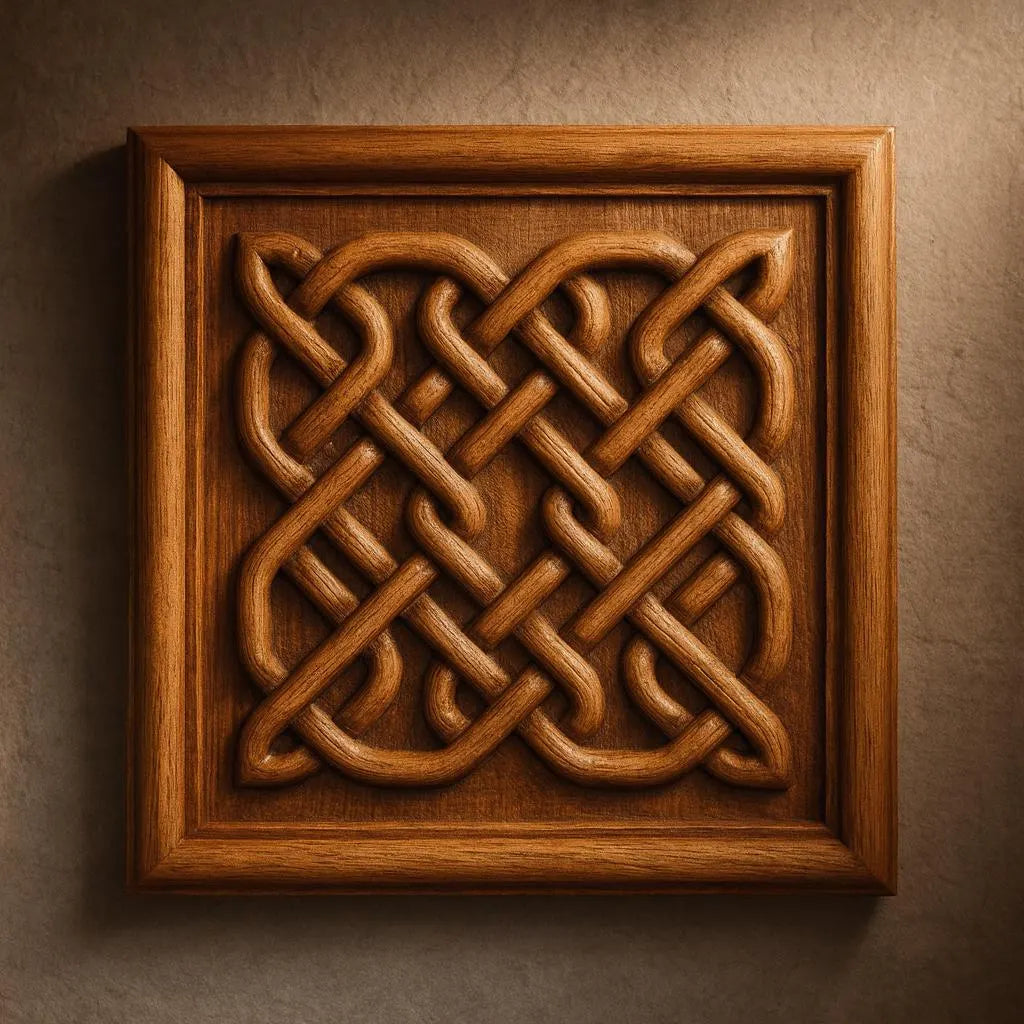 The Celtic Knot Square Pattern Relief STL File by Form Arcade features an intricate knot design for CNC woodworking projects or wall art, with interwoven bands in high relief against a smooth background and a raised border to showcase craftsmanship.