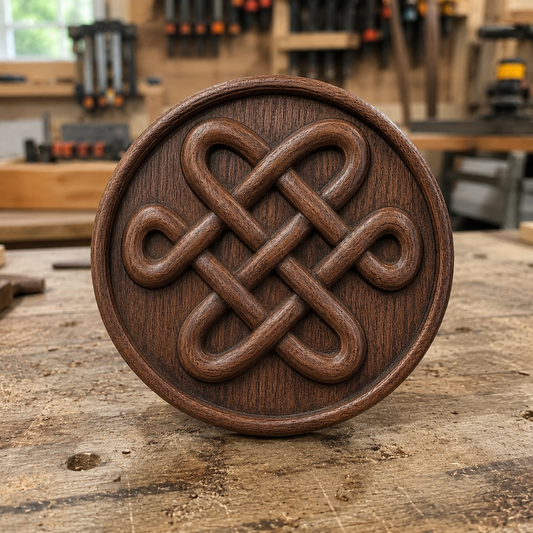 The Celtic Knot Medallion Relief STL File by Form Arcade features an intricate round design for CNC carving, perfect for creating unique wall art. Displayed upright on a rustic workbench, tools and wood pieces blur in the woodworking shop background.