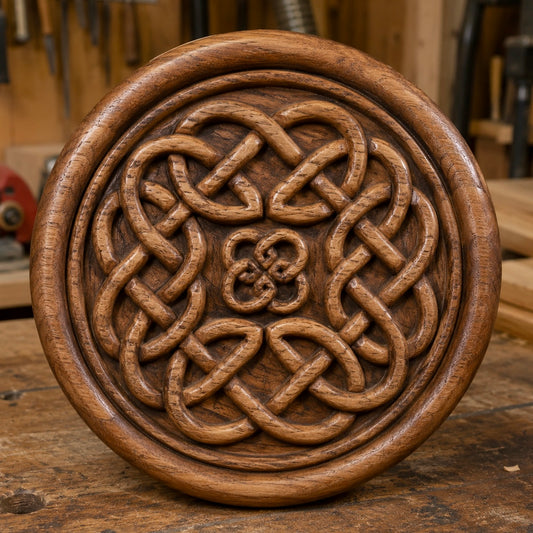 A round wooden plaque created from the “Celtic Knot Medallion Relief STL File | CNC Wall Art” by Form Arcade, featuring intricate Celtic knot medallion carvings in bas relief and a small central floral pattern, is displayed on a workbench in a woodworking shop.