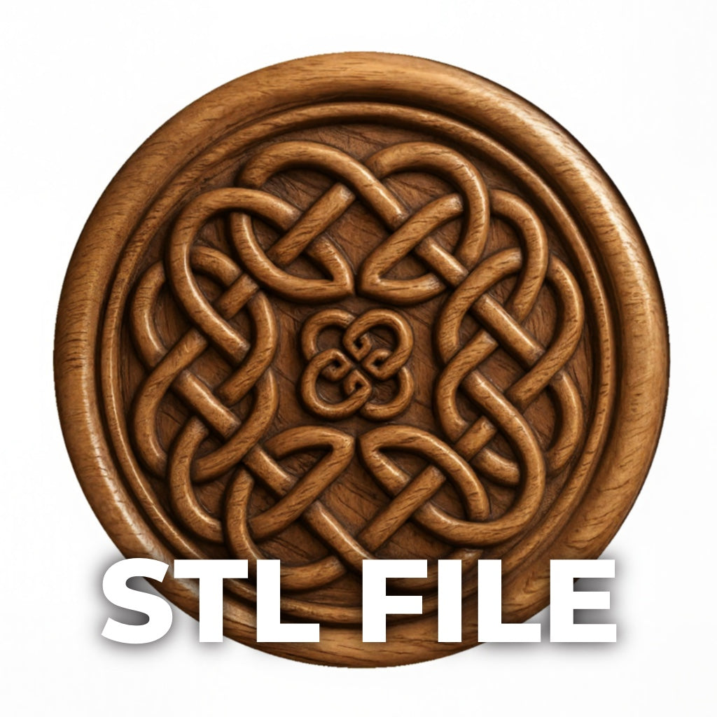 The Celtic Knot Medallion Relief STL File by Form Arcade displays intricate CNC-carved patterns, shown on a white background with bold "STL FILE" text at the bottom.