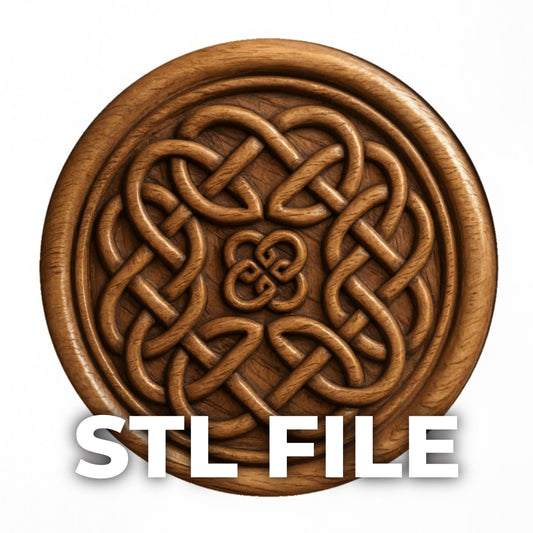 The Celtic Knot Medallion Relief STL File by Form Arcade displays intricate CNC-carved patterns, shown on a white background with bold "STL FILE" text at the bottom.