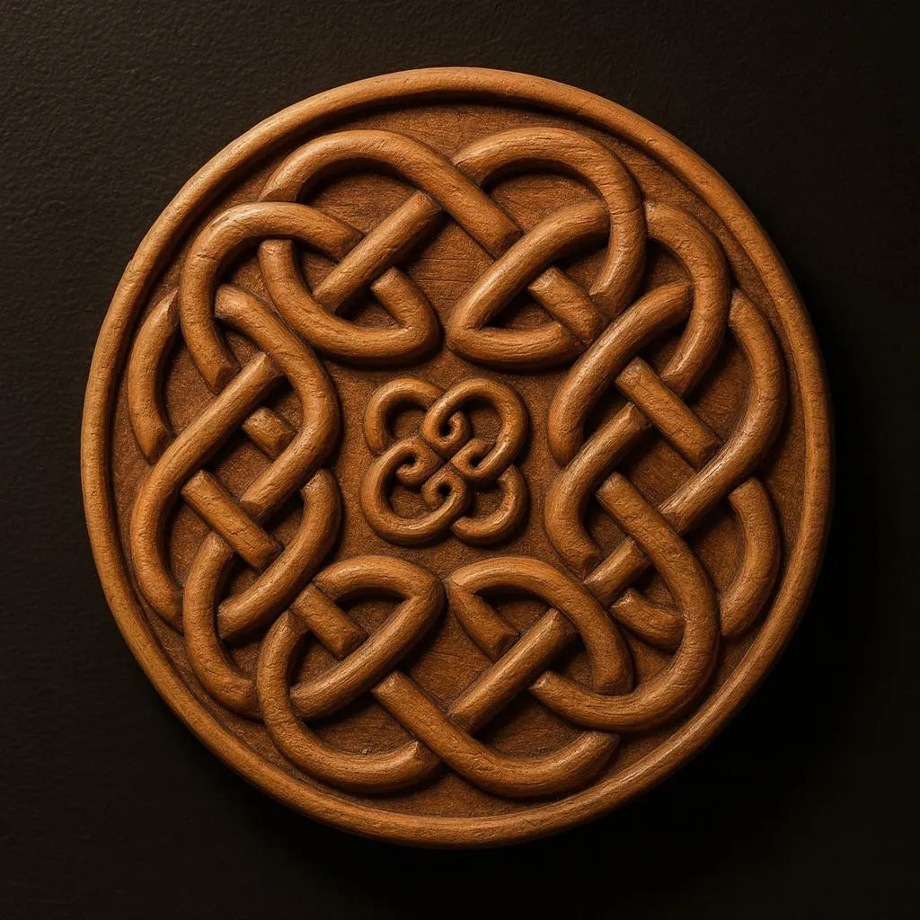 The Celtic Knot Medallion Relief STL File by Form Arcade is a CNC wall art design featuring detailed looping patterns and intricate woodworking, perfect for creating a round wooden plaque with highlighted relief against a dark background.