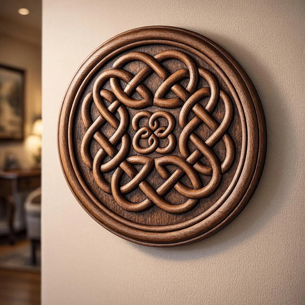 The Celtic Knot Medallion Relief STL File by Form Arcade is showcased as CNC wall art, featuring intricate interwoven loops and a central floral motif, beautifully displayed on a beige wall in warm lighting.