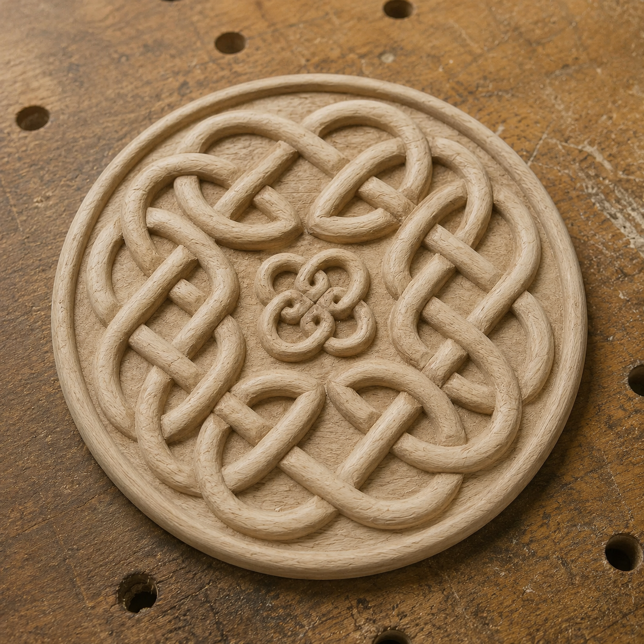 The Celtic Knot Medallion Relief STL File by Form Arcade, designed for CNC wall art, features intricate carved details and rests on a workbench with visible holes and natural wood grain.