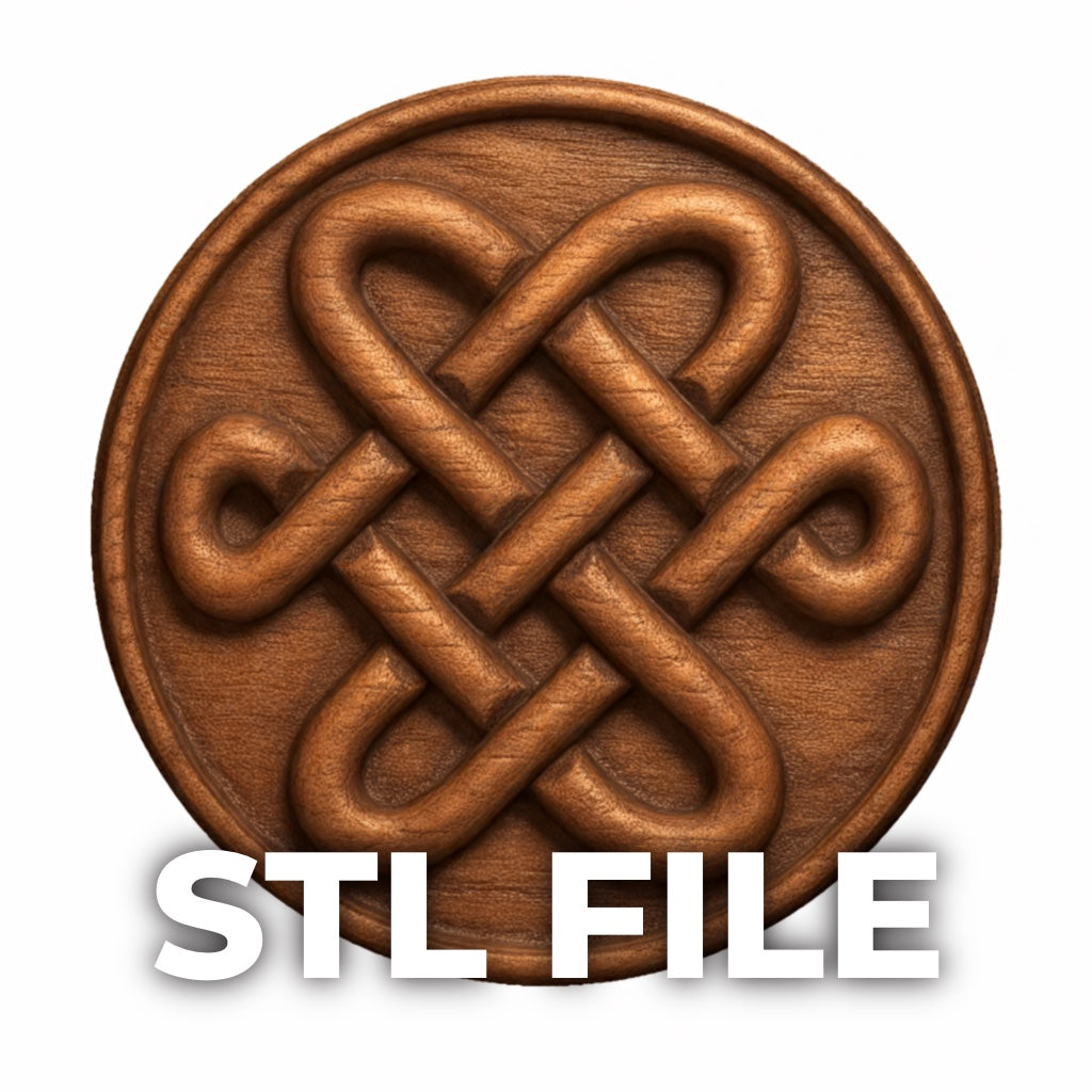 The Celtic Knot Medallion Relief STL File by Form Arcade showcases an intricate Celtic design for CNC wall art. The image displays “STL FILE” in bold white letters at the bottom.