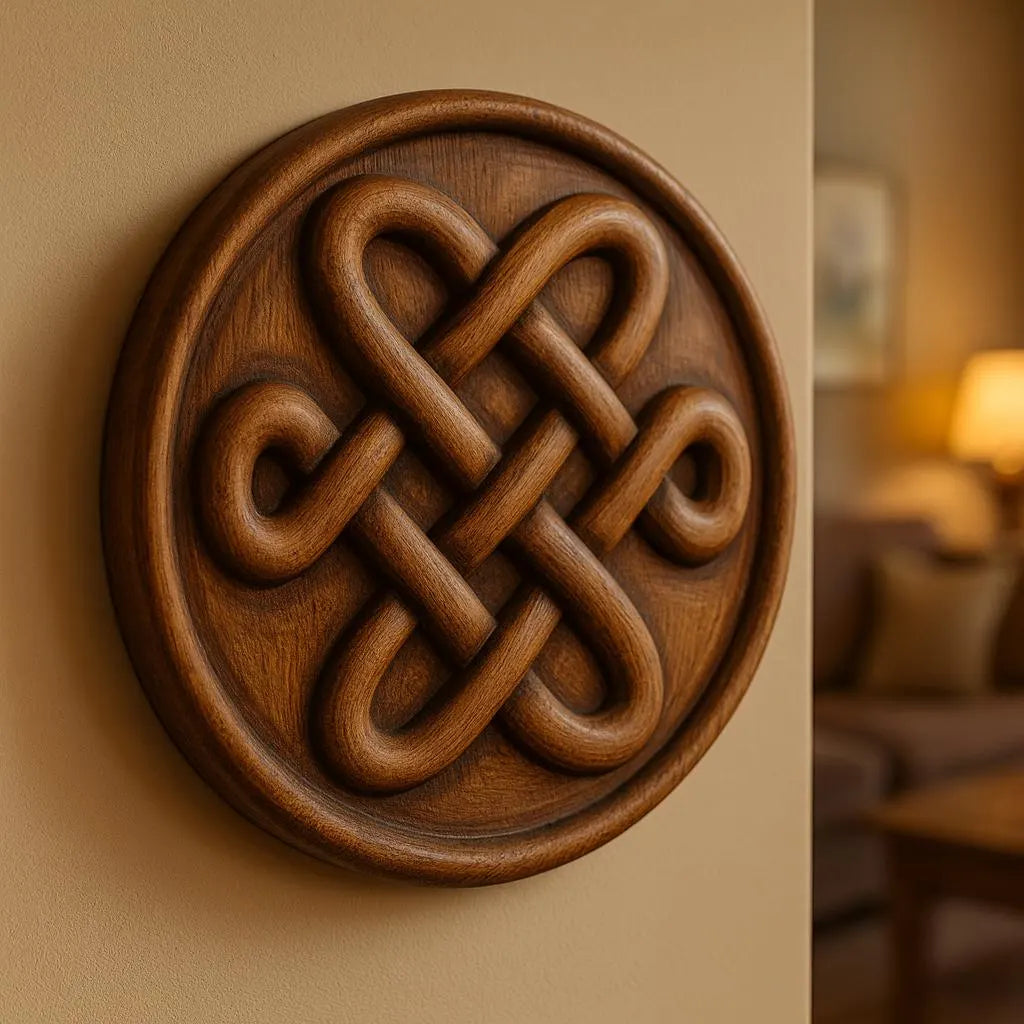 A Celtic Knot Medallion Relief STL File by Form Arcade, featuring intricate CNC wall art, is displayed on a beige wall with a softly lit living room in the background.