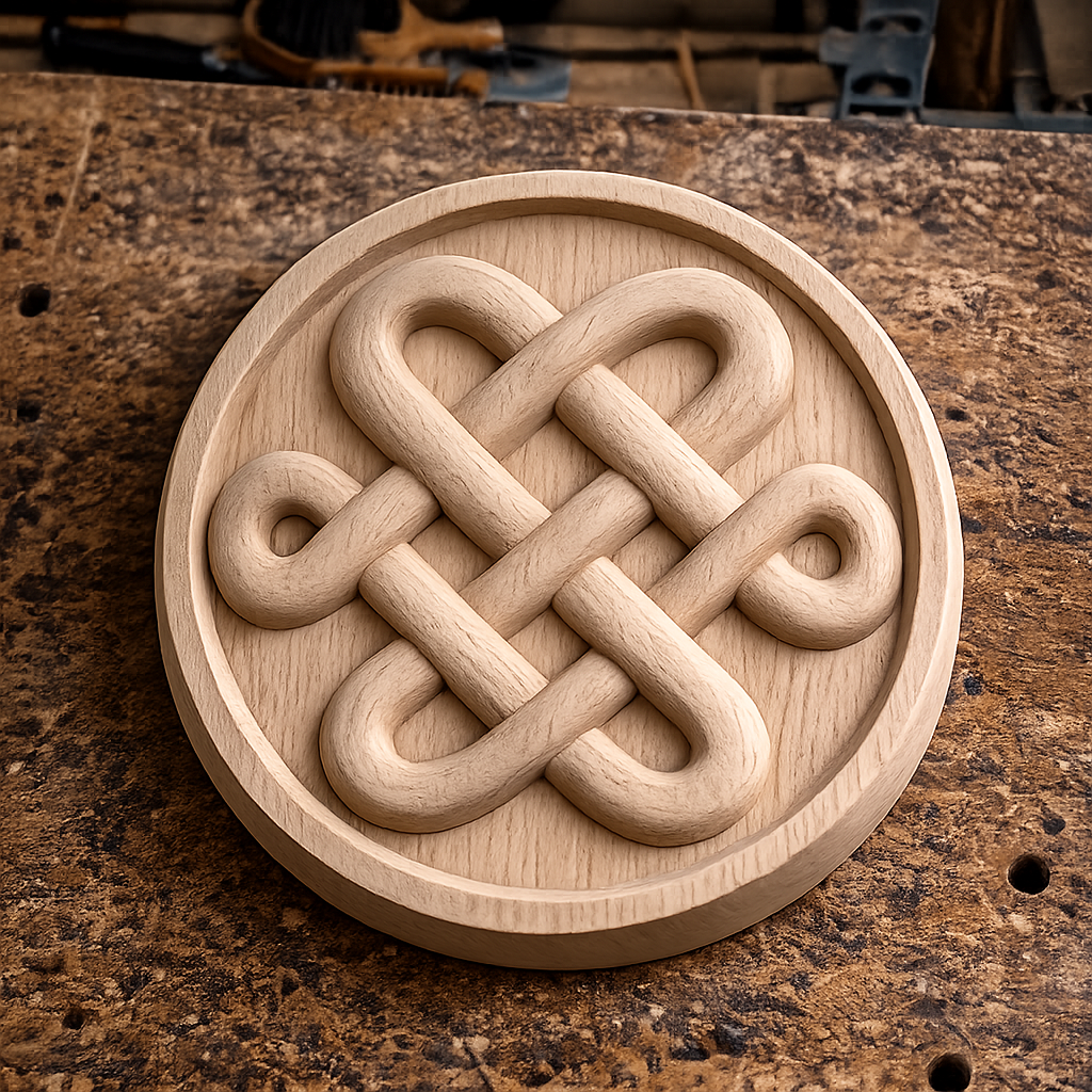 The Form Arcade Celtic Knot Medallion Relief STL File offers intricate Celtic Knot CNC wall art, perfect for relief carving or bas relief projects, shown on a textured wooden workbench.
