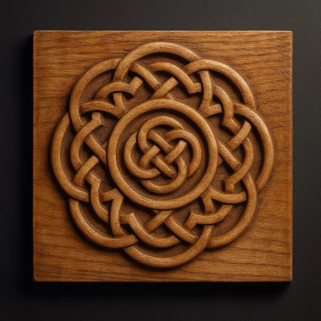 The "Celtic Knot Pattern Panel Relief STL File" by Form Arcade is a detailed Celtic CNC wall art design, ideal for woodworking projects and displays, presented on a square panel against a dark background.