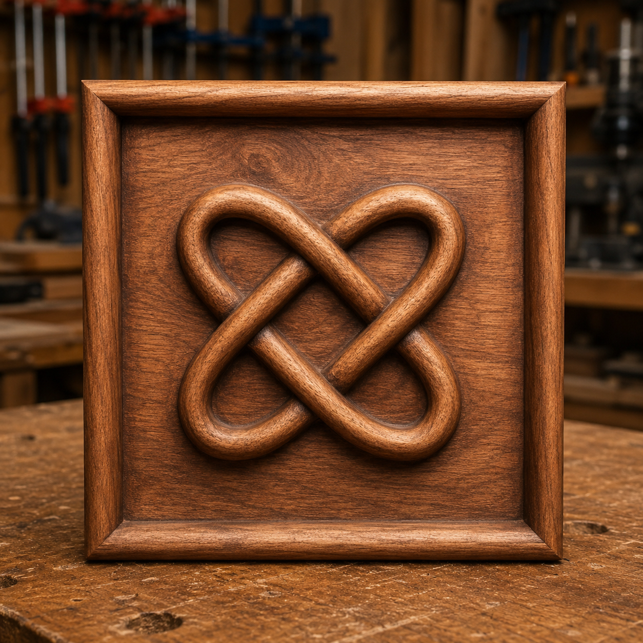 The Celtic Infinity Knot CNC Relief STL File by Form Arcade showcases an intricately raised knot design carved in relief with CNC techniques on a square wooden panel, featuring smooth, rounded edges and set against a softly blurred woodshop background.