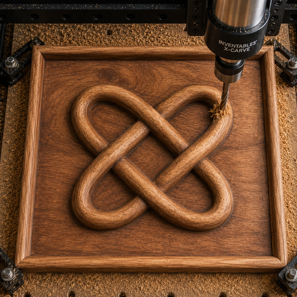 A CNC machine carves the "Celtic Infinity Knot CNC Relief STL File | Celtic CNC Wall Art" by Form Arcade into a square wooden plaque, surrounded by sawdust—perfect inspiration for woodworking projects and CNC relief carving enthusiasts.