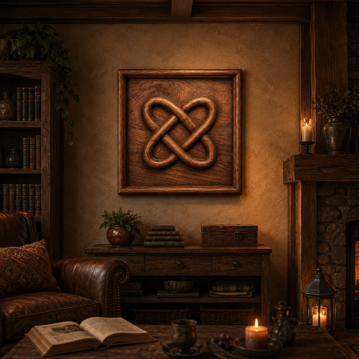 A cozy library features a leather chair, bookshelves, and a wooden desk. On the wall hangs the "Celtic Infinity Knot CNC Relief STL File | Celtic CNC Wall Art" by Form Arcade, displayed in a stylish frame. Lit candles and stacked books lend warmth and rustic charm to the softly lit room.