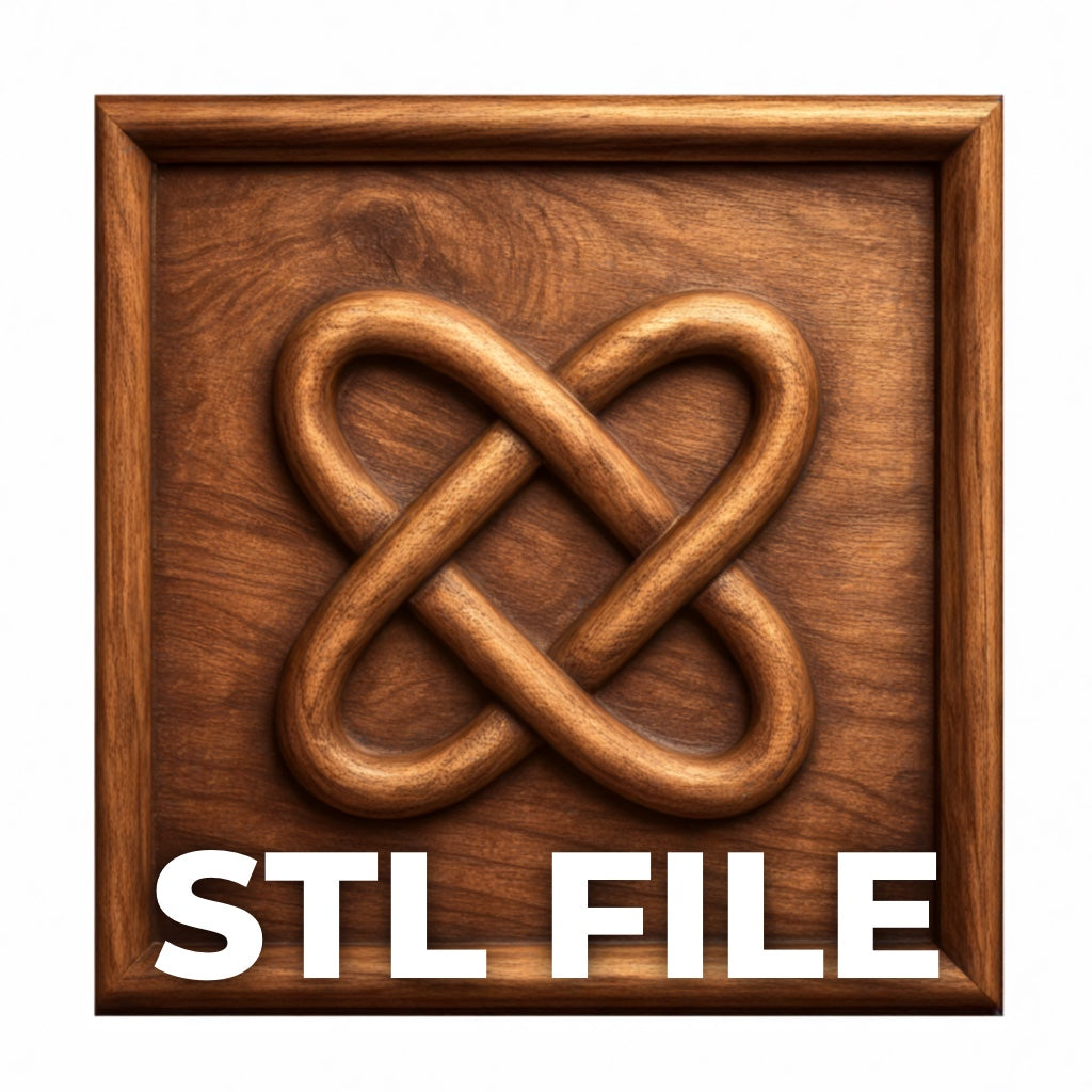 The Celtic Infinity Knot CNC Relief STL File by Form Arcade features a smooth knot design, with "STL FILE" in bold white below—ideal for 3D printing or CNC carving Celtic wall art.