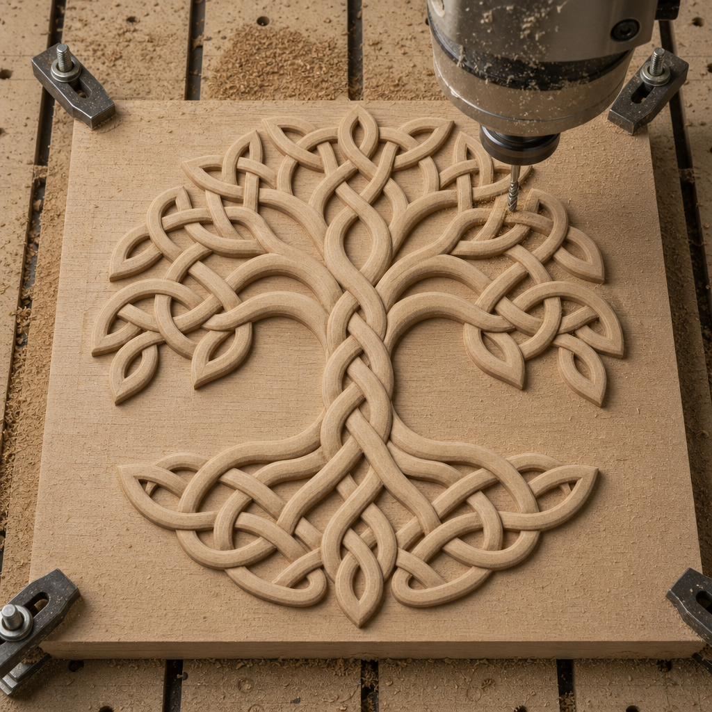 CNC router cutting a raised Celtic Tree of Life knotwork relief into a wood panel on the machine bed.