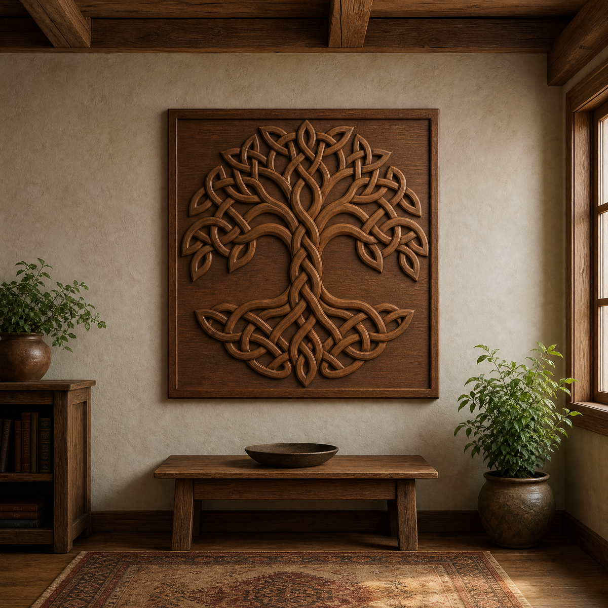 Framed Celtic Tree of Life wood relief with interwoven knotwork hanging on a wall above a console table.