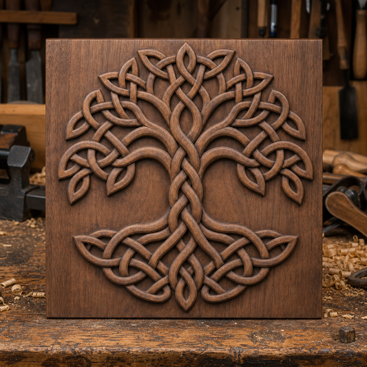 Celtic Tree of Life CNC relief with raised interwoven knotwork on a wood panel, displayed on a workshop bench.