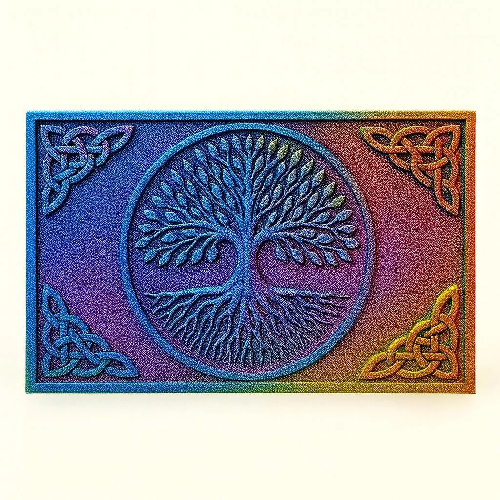 Celtic tree of life relief panel printed in color-shifting filament with circular tree design and knotwork border, square framed layout showing layered depth across branches and roots, smooth surface finish with visible dimensional contrast throughout the design