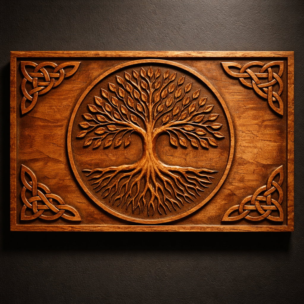 Close-up of carved wooden Celtic tree of life panel showing intricate knotwork roots and branching structure inside circular frame, smooth depth transitions and layered relief detail across entire surface, framed design suited for CNC wall art and decorative woodworking pieces