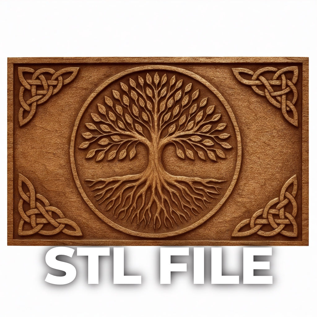 Celtic tree of life relief carving with circular knotwork centerpiece and corner Celtic patterns, framed wooden panel featuring detailed roots and branches in balanced symmetrical design, ideal for CNC carving and 3D printing wall art projects with strong depth and clean carved detail