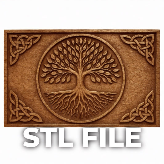 Celtic tree of life relief carving with circular knotwork centerpiece and corner Celtic patterns, framed wooden panel featuring detailed roots and branches in balanced symmetrical design, ideal for CNC carving and 3D printing wall art projects with strong depth and clean carved detail