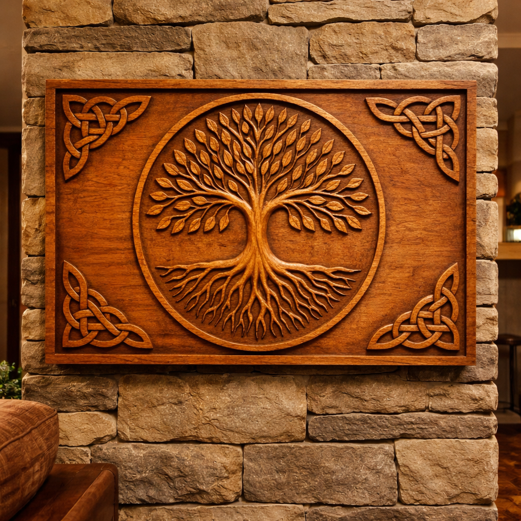 Celtic tree of life carved wood panel mounted on stone wall, framed rectangular design with circular tree centerpiece and corner knotwork accents, warm lighting highlighting carved depth and natural wood grain, decorative Celtic wall art for home or office display