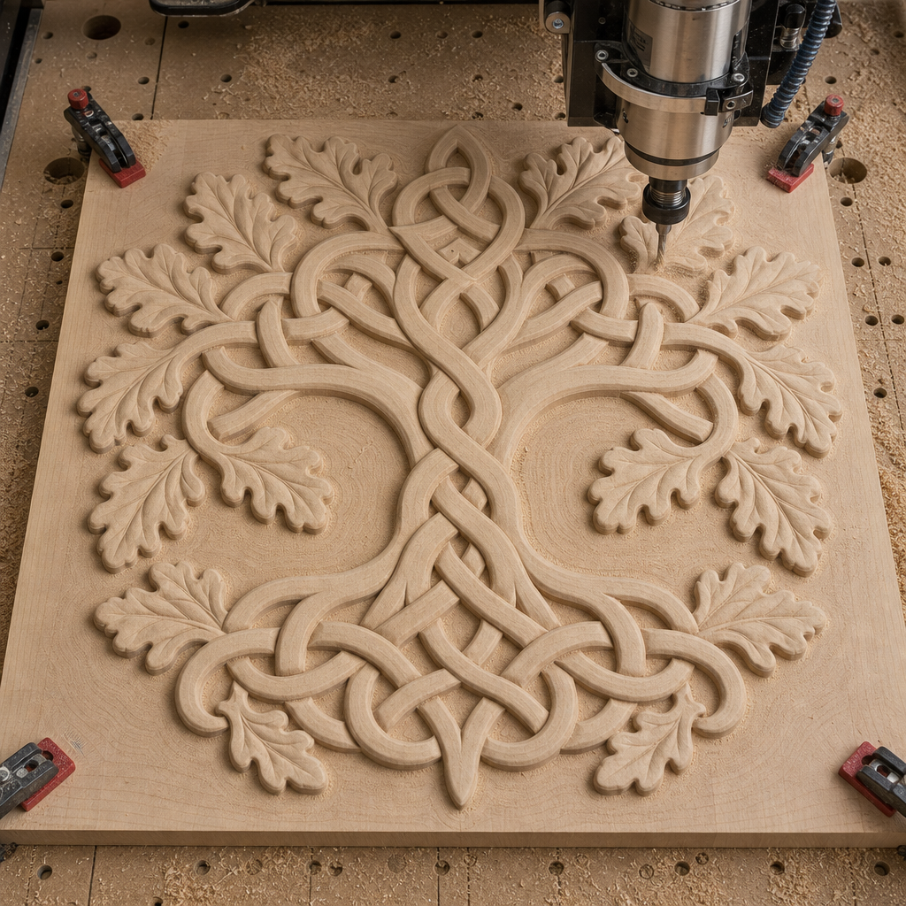 CNC router cutting a raised Celtic tree, knotwork branches, and oak leaves into a wooden panel on the machine bed.