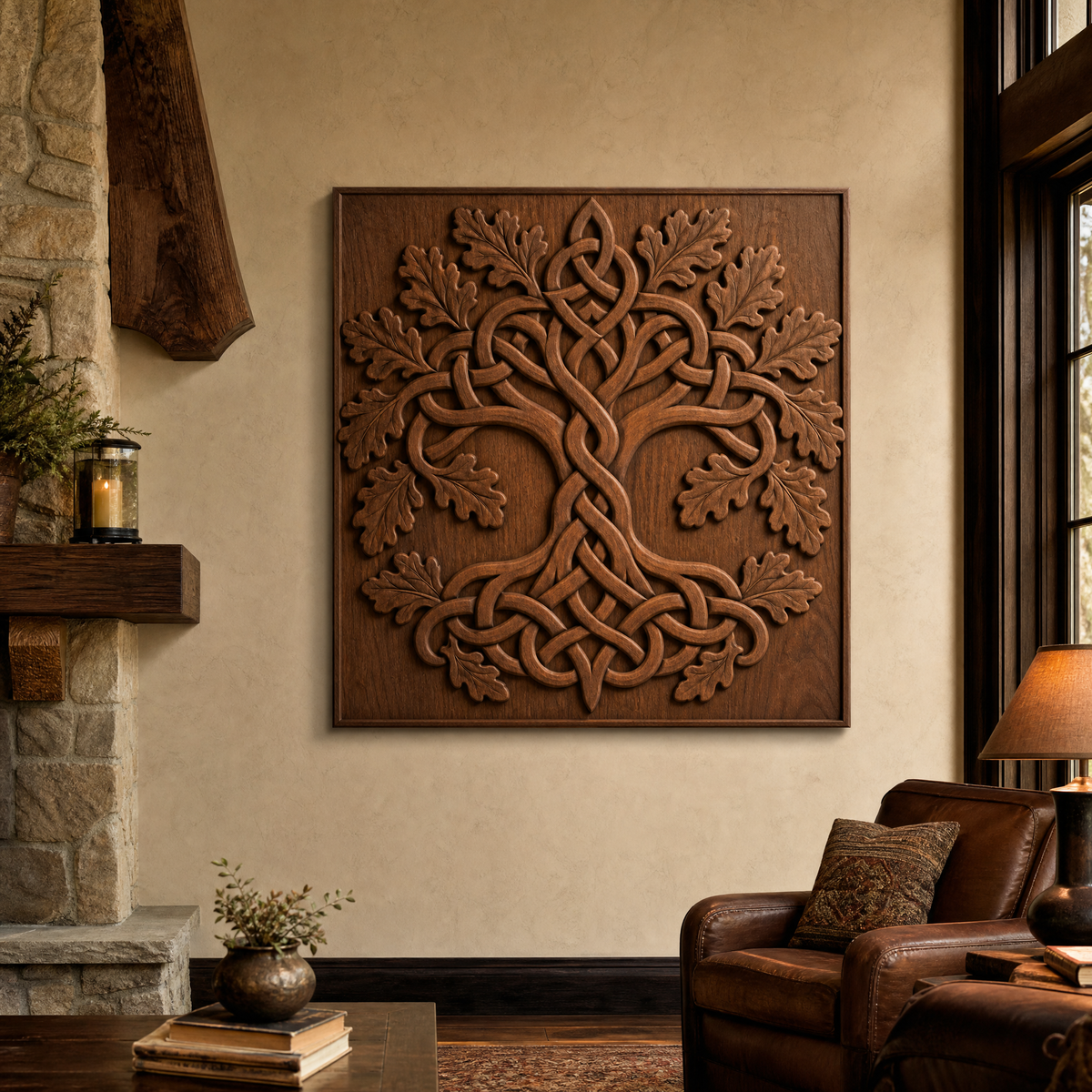 Framed Celtic tree and oak leaf CNC relief wall art displayed above a leather sofa in a warm rustic living room.