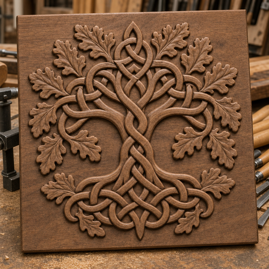 Celtic tree with interlaced knotwork branches and oak leaves shown as a raised CNC wood relief on a finished wooden panel.