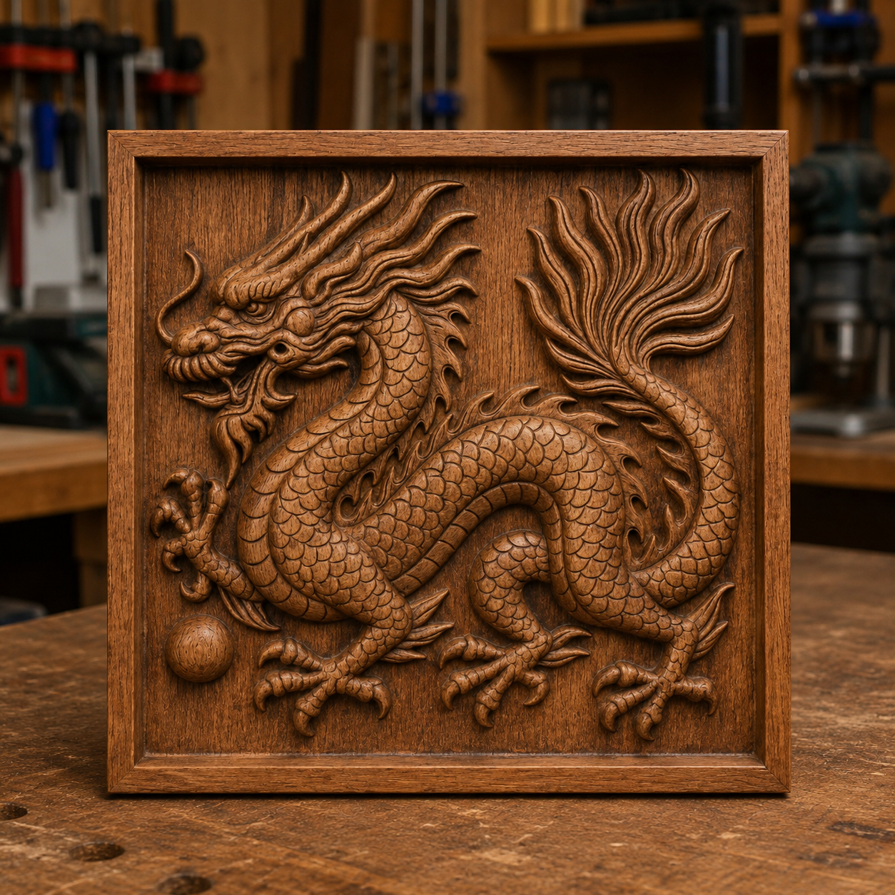 A "Chinese Dragon CNC Relief STL File | Dragon CNC Wall Art" by Form Arcade is showcased, featuring an intricate, raised profile of a Chinese dragon set against a square background; the wooden plaque is displayed on a workshop table with blurred shelves and tools in the background.