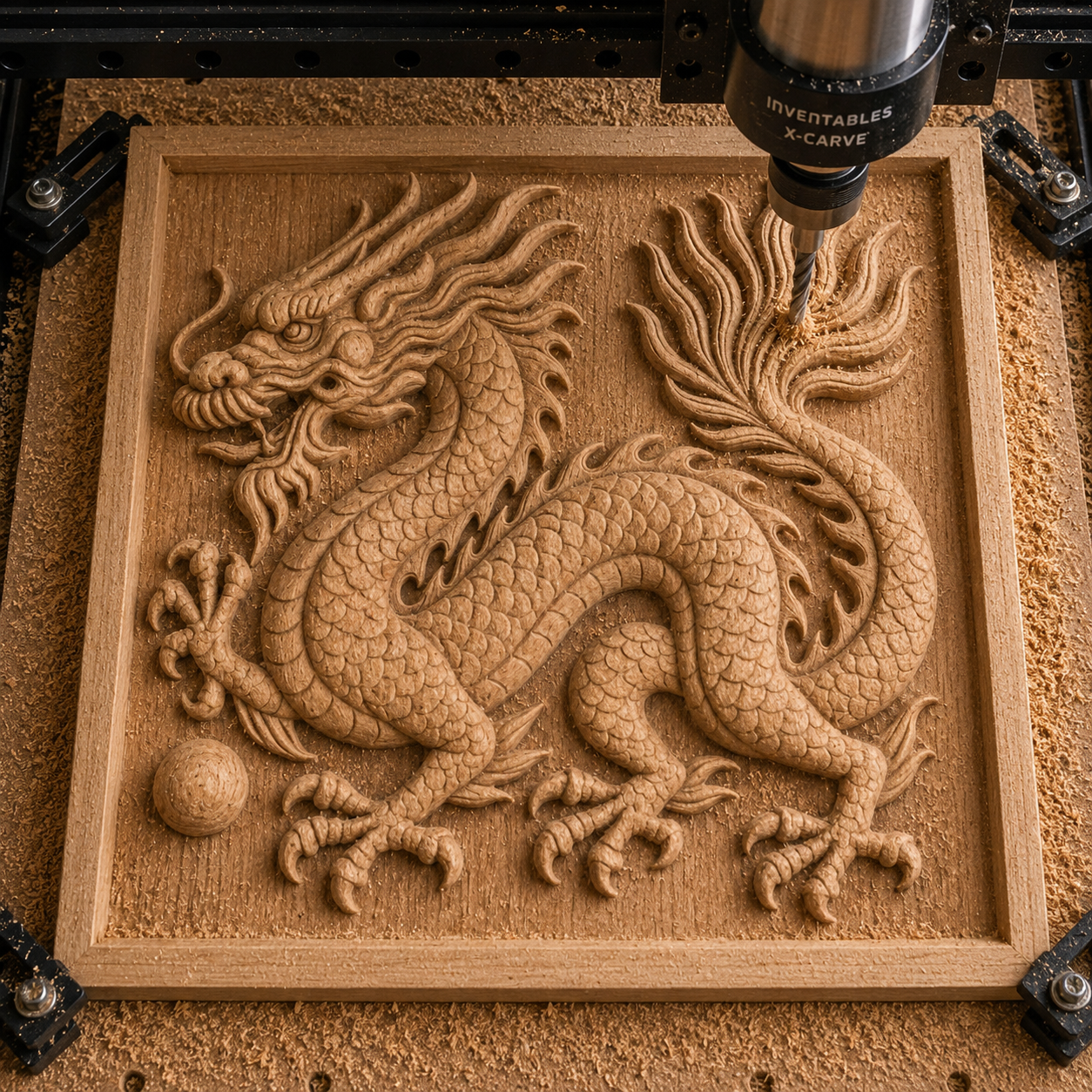 With the Chinese Dragon CNC Relief STL File | Dragon CNC Wall Art by Form Arcade, a CNC machine brings an intricate dragon design to life on a wooden square panel, featuring fine details in the dragon’s scales, claws, and swirling tail.