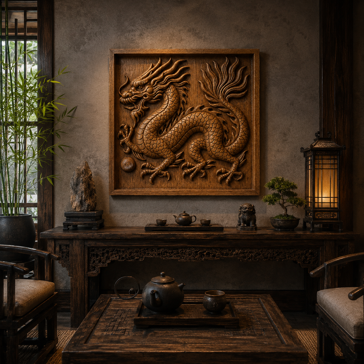A serene tea room with carved wooden furniture, a tea set on the table, bamboo in the corner, and a stunning Chinese Dragon CNC Relief Wall Art—crafted using the Chinese Dragon CNC Relief STL File by Form Arcade—displayed as the focal point on the wall.