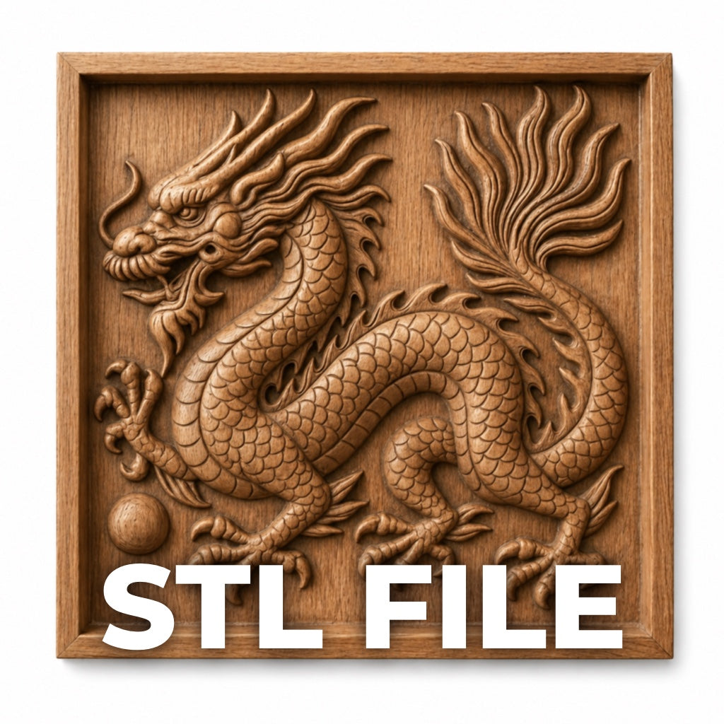 The Form Arcade Chinese Dragon CNC Relief STL File features a detailed wooden dragon carving in a square frame, ideal wall art for CNC enthusiasts. "STL file" appears in bold white letters at the bottom of the image.