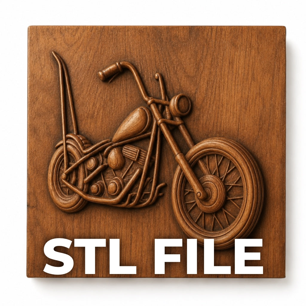 The Chopper Motorcycle Relief STL File by Form Arcade features a CNC carving of a chopper motorcycle on a square panel, with "STL FILE" written in bold white letters at the bottom.
