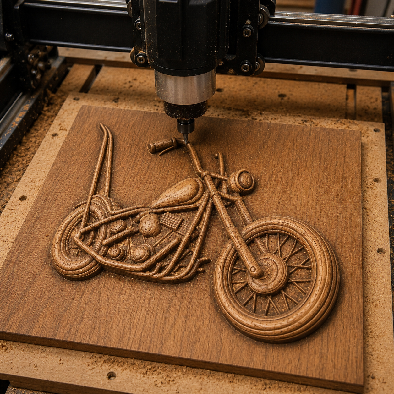 Form Arcade’s Chopper Motorcycle Relief STL File creates intricate chopper CNC wall art, featuring detailed wheels, handlebars, and engine parts—ideal for woodworking enthusiasts seeking unique decor.