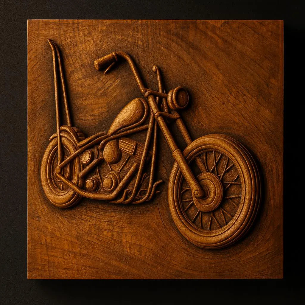 Showcase your love for bikes with the Chopper Motorcycle Relief STL File | Chopper CNC Wall Art by Form Arcade—a detailed wooden relief design featuring intricate wheels, handlebars, and engine, perfect for CNC carving projects.