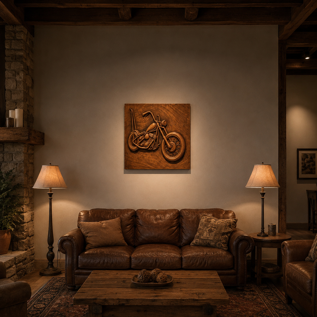 A cozy living room with a brown leather sofa, two lamps, a wooden coffee table, and Form Arcade’s Chopper Motorcycle Relief STL File CNC wall art above the couch. The rustic décor and warm lighting create an inviting atmosphere.