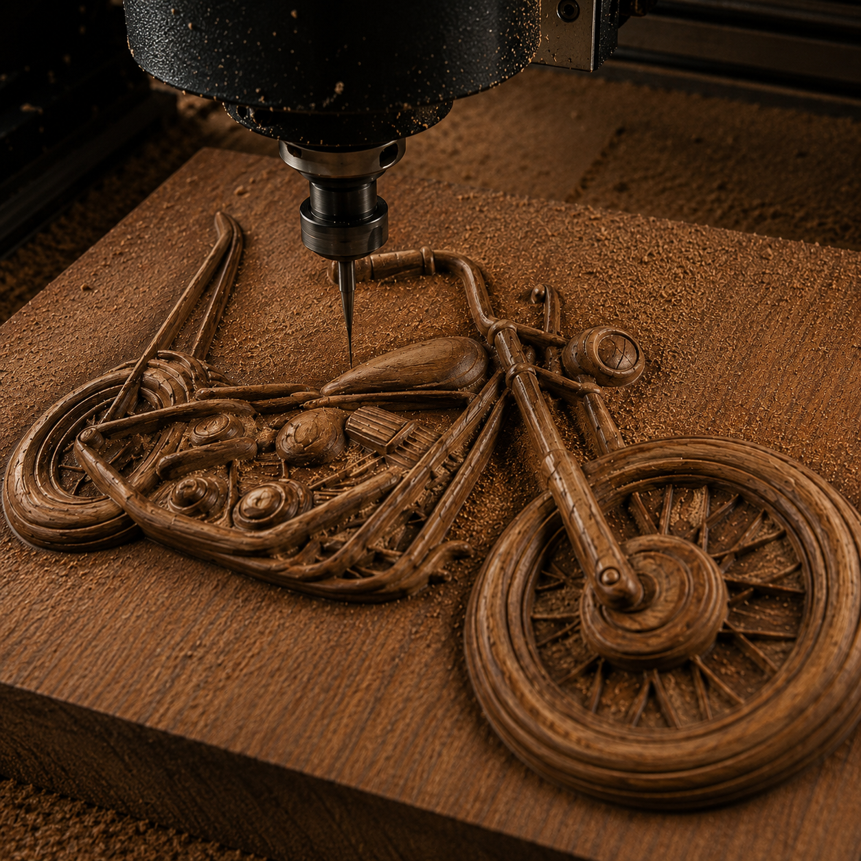 A CNC machine skillfully carves the Form Arcade Chopper Motorcycle Relief STL File | Chopper CNC Wall Art into wood, scattering fine shavings around this detailed masterpiece.