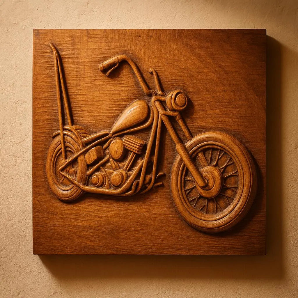 The Form Arcade Chopper Motorcycle Relief STL File offers detailed CNC wall art, featuring intricate wheels, handlebar, and engine parts in a chopper design—perfect for creating unique decor with your CNC machine.